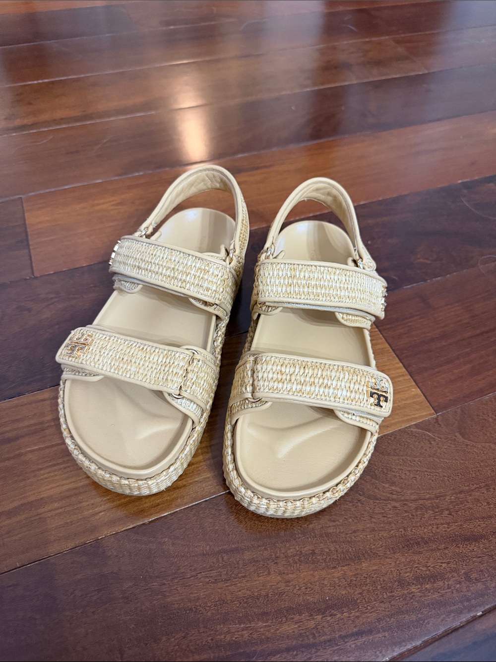 Tory Burch Kia Sport Beige Raffia Double-Strap Sandals